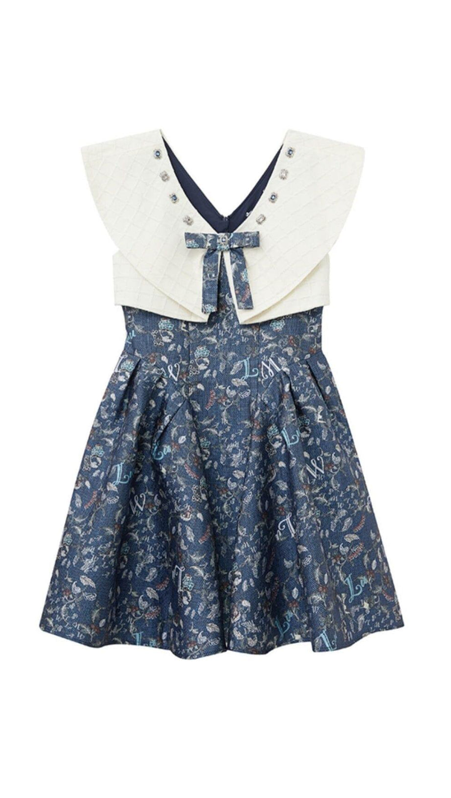 BLUE BOW SWEETHEART WAISTBAND SLEEVELESS FLORAL MINI DRESS
