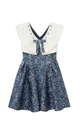 BLUE BOW SWEETHEART WAISTBAND SLEEVELESS FLORAL MINI DRESS