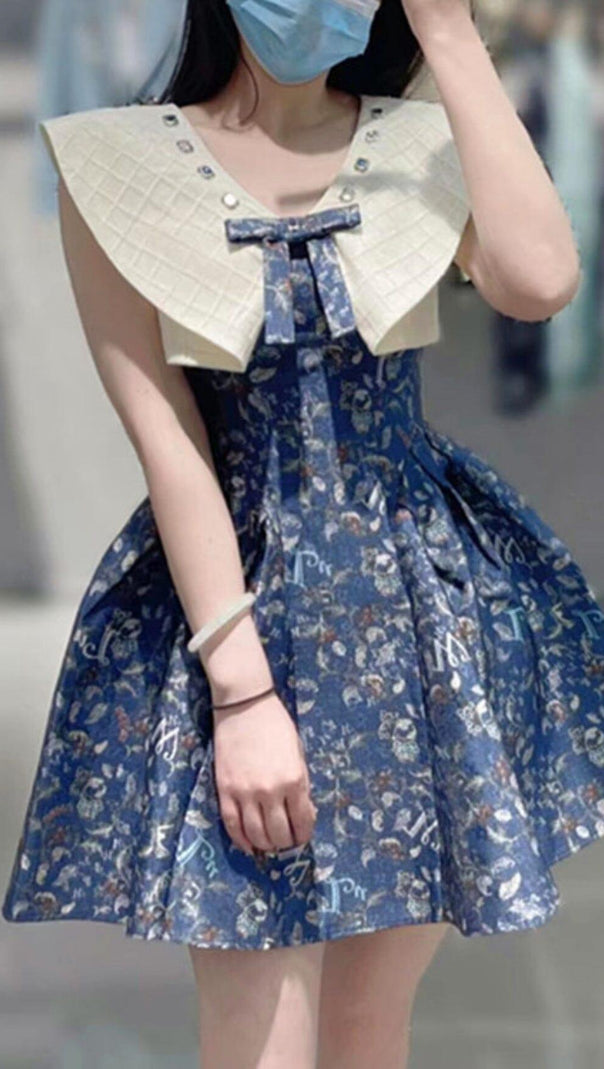 AIIZIE BLUE BOW SWEETHEART WAISTBAND SLEEVELESS FLORAL MINI DRESS - product image