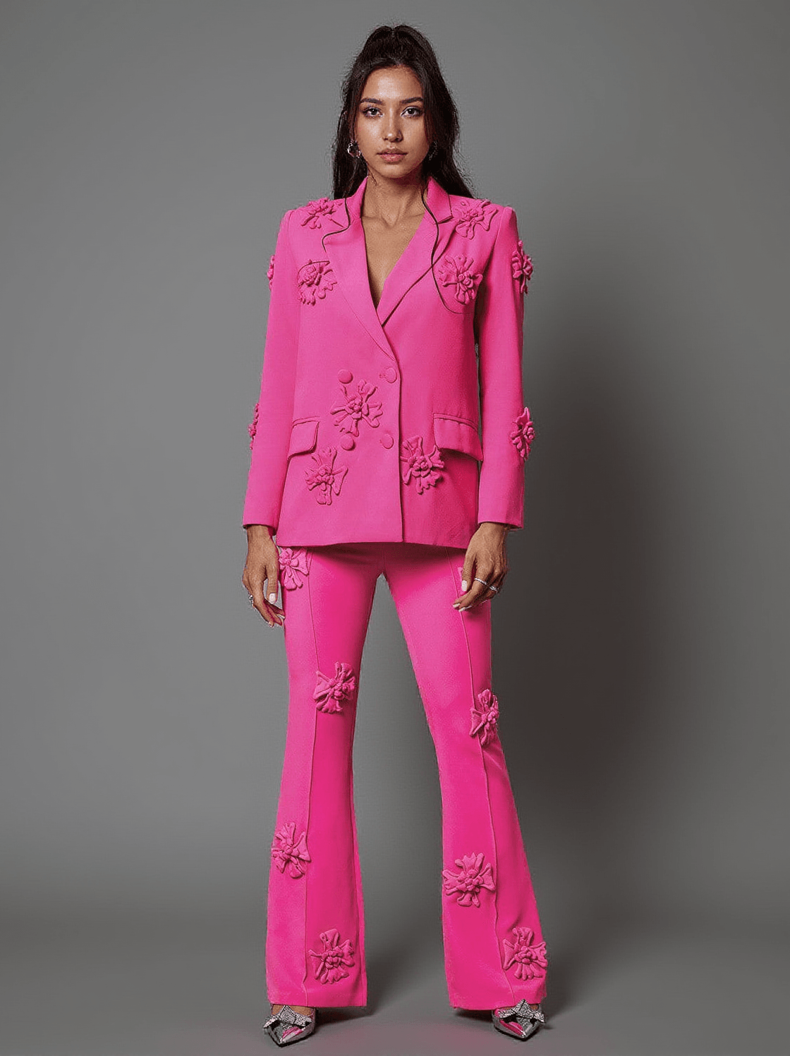 INDIANA FLORAL EMBELLISHED BLAZER SET IN HOT PINK