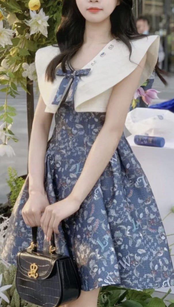 AIIZIE BLUE BOW SWEETHEART WAISTBAND SLEEVELESS FLORAL MINI DRESS - product image