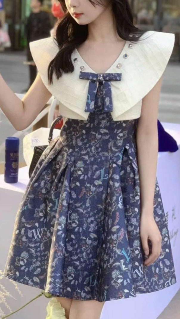 AIIZIE BLUE BOW SWEETHEART WAISTBAND SLEEVELESS FLORAL MINI DRESS - product image
