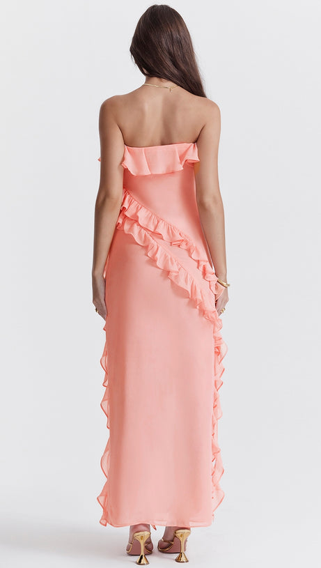 STRAPLESS RUFFLE MAXI DRESS IN PINK
