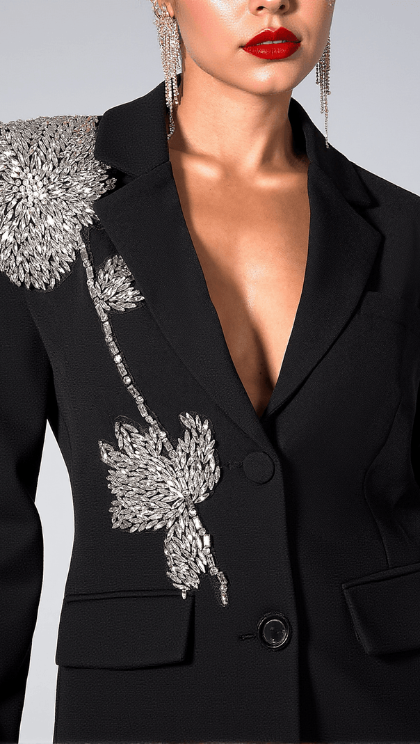 AIIZIE ANNICKA RHINESTONES FLORAL BLACK BLAZER - product image