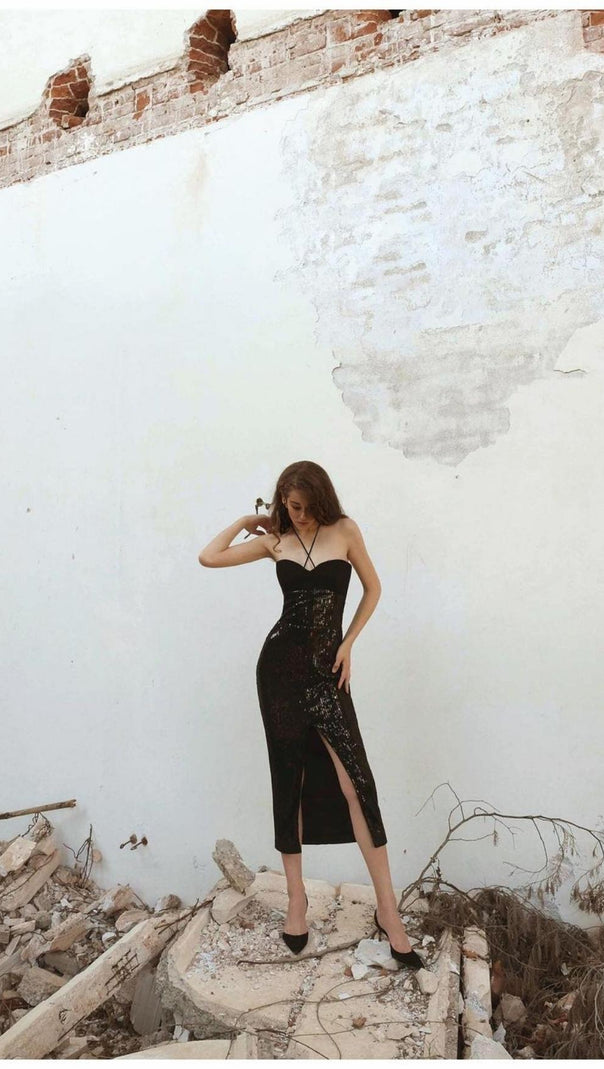 AIIZIE CUT OUT HIGH SPLIT MAXI DRESS IN BLACK - product image