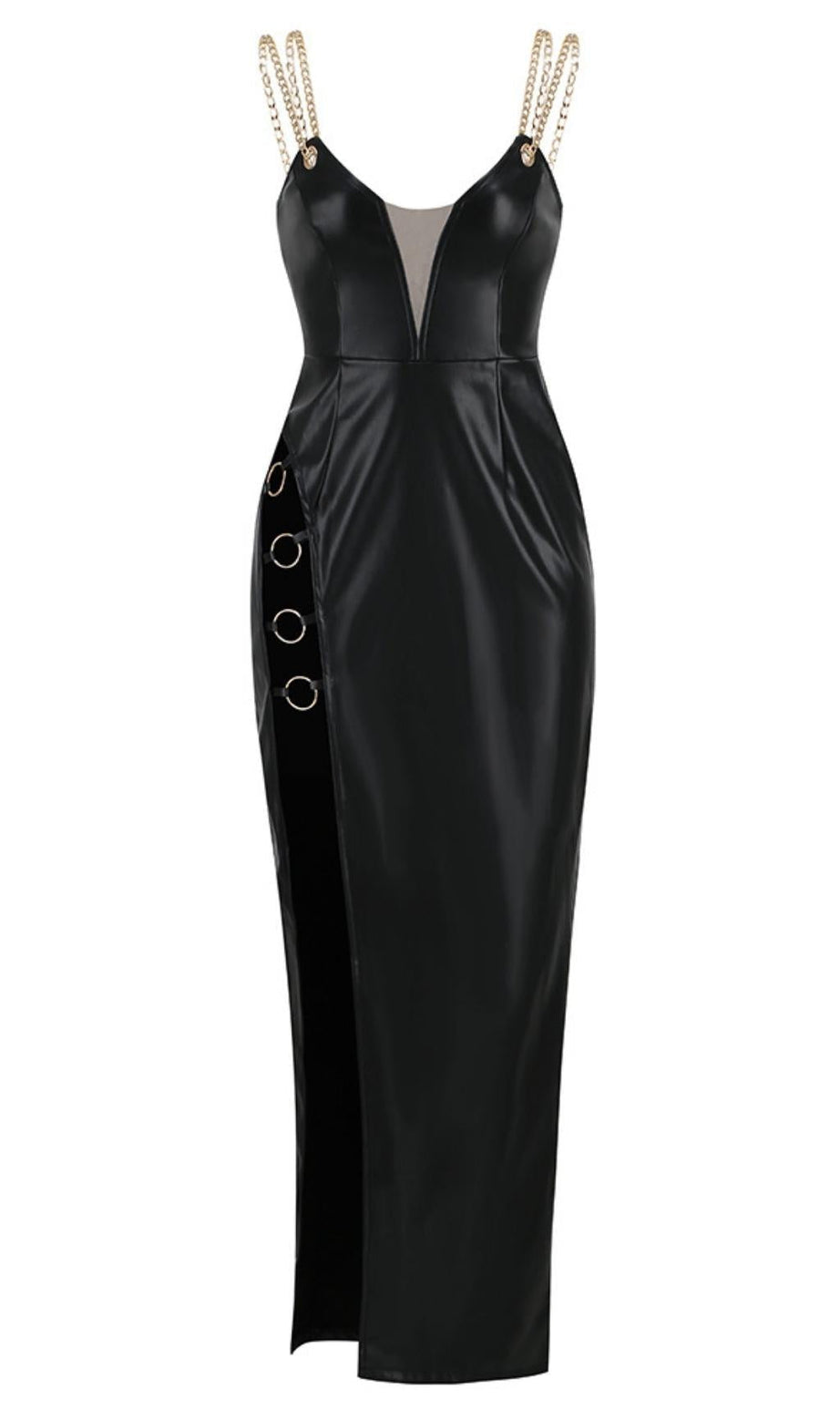 HIGH SLIT DEEP V MIDI DRESS IN BLACK