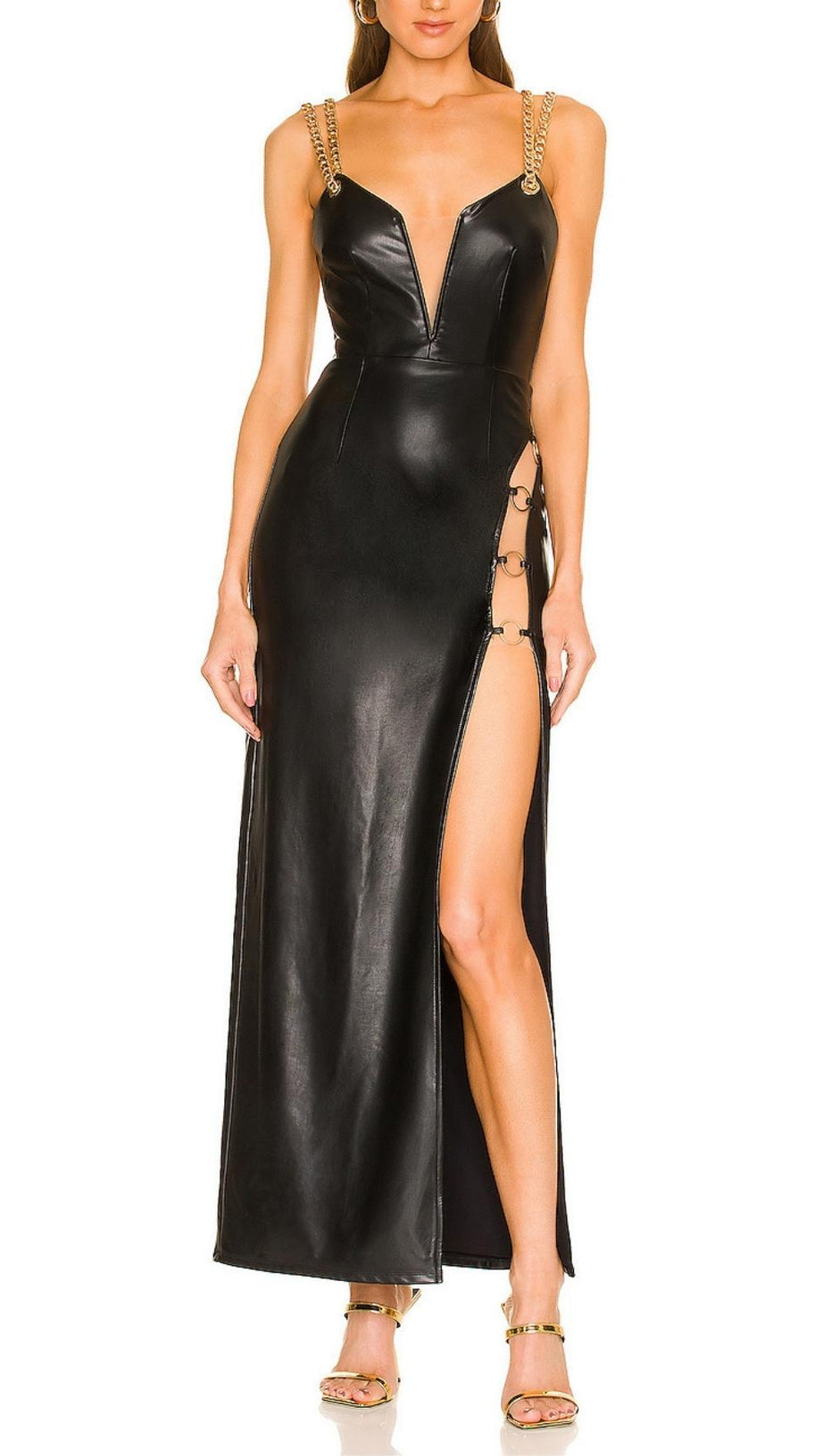 HIGH SLIT DEEP V MIDI DRESS IN BLACK