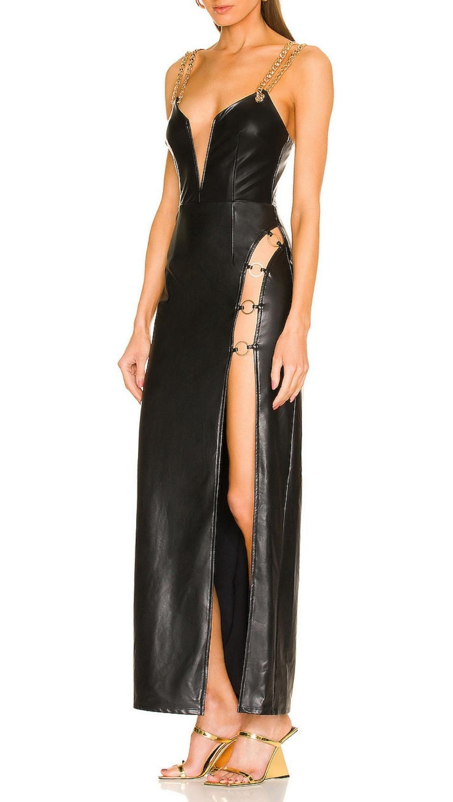 HIGH SLIT DEEP V MIDI DRESS IN BLACK
