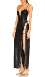 HIGH SLIT DEEP V MIDI DRESS IN BLACK