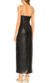 HIGH SLIT DEEP V MIDI DRESS IN BLACK