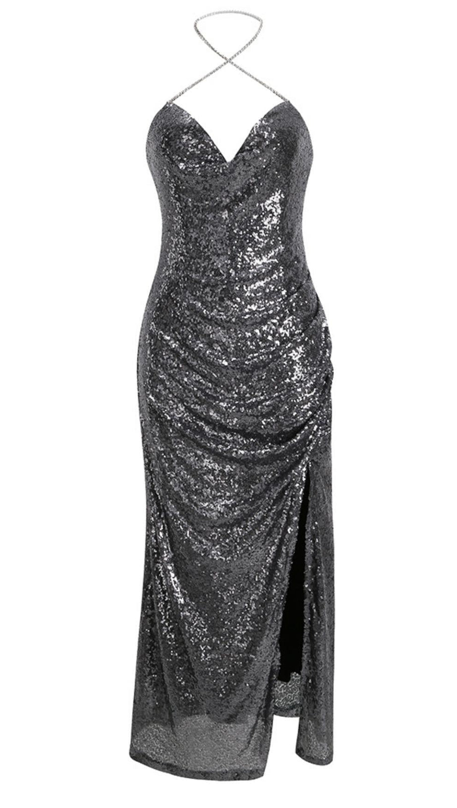MIDI DRESS WITH SEQUINS SLITS IN SLIVER