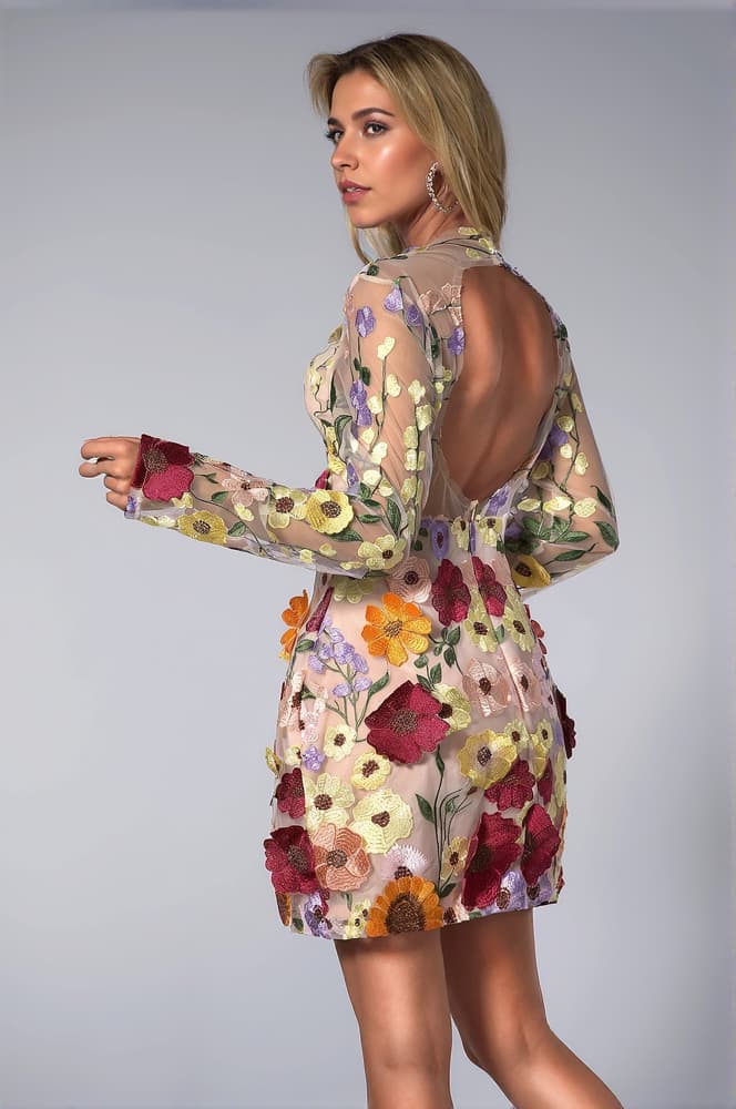 Ferne 3D Floral Long Sleeve Mini Dress