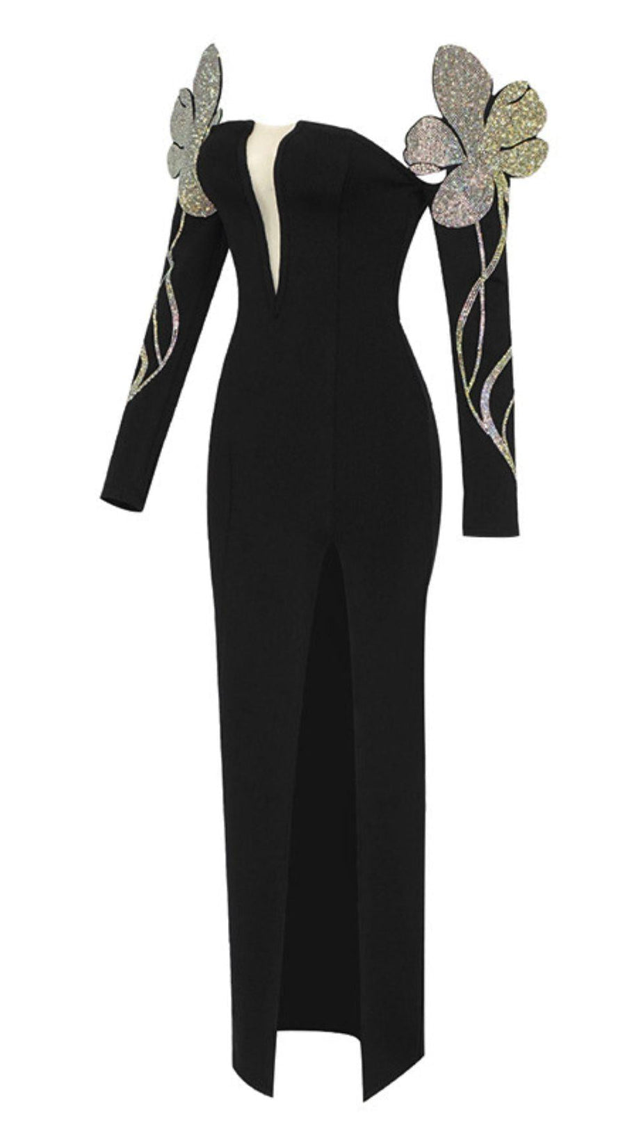 MAXIKLEID MIT TIEFEN V-AUSSCHNITT IN SCHWARZ