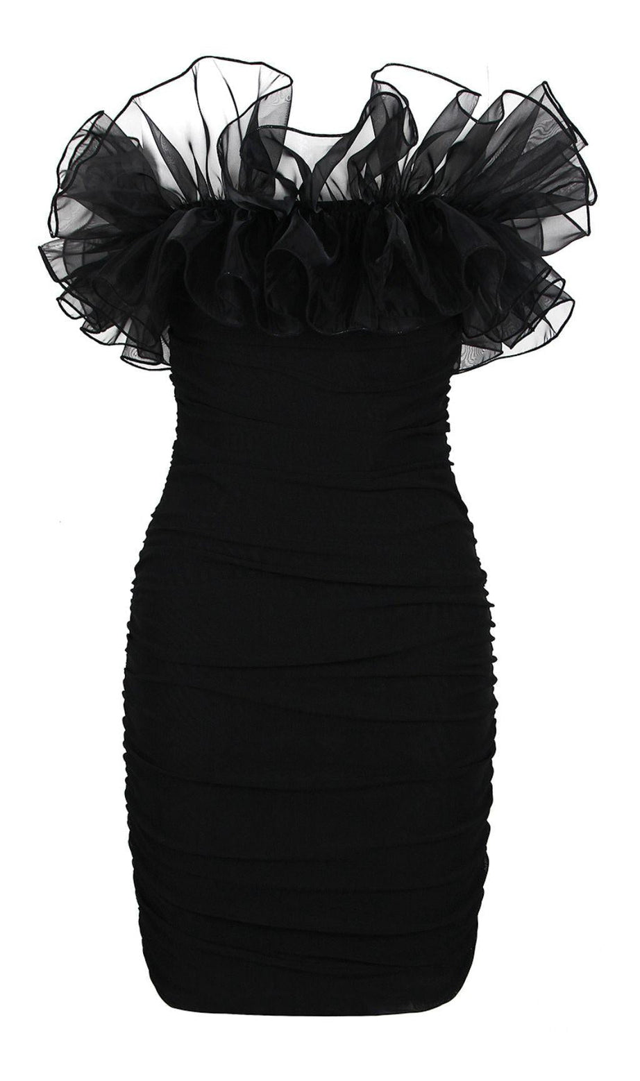 TRÄGERLOSES MINIKLEID MIT SPITZENBLUMEN IN SCHWARZ