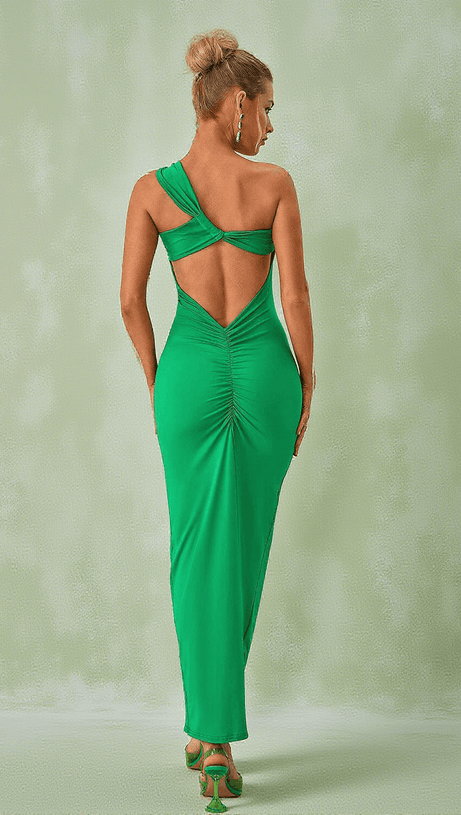 EMI ONE SHOULDER BACKLESS MAXI DRESS IN GREEN