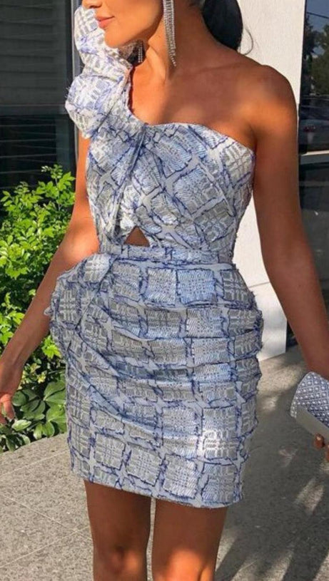 MINI ABITO JACQUARD DRAPPEGGIATO CON UNA SPALLA