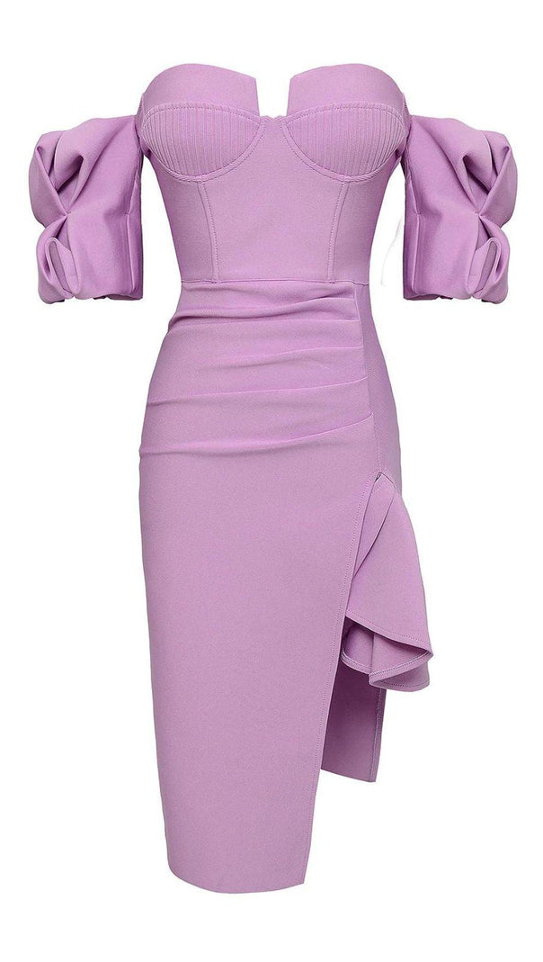AIIZIE STRAPLESS DRAPED SLEEVE SLITS BANDAGE DRESS IN PURPLE - product image