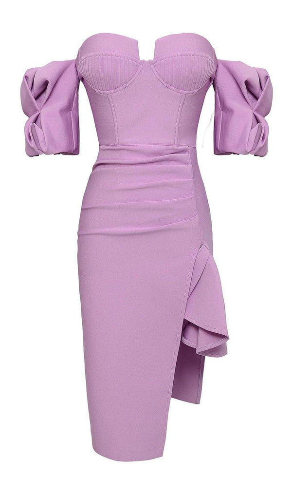 STRAPLESS DRAPED SLEEVE SLITS BANDAGE DRESS IN PURPLE