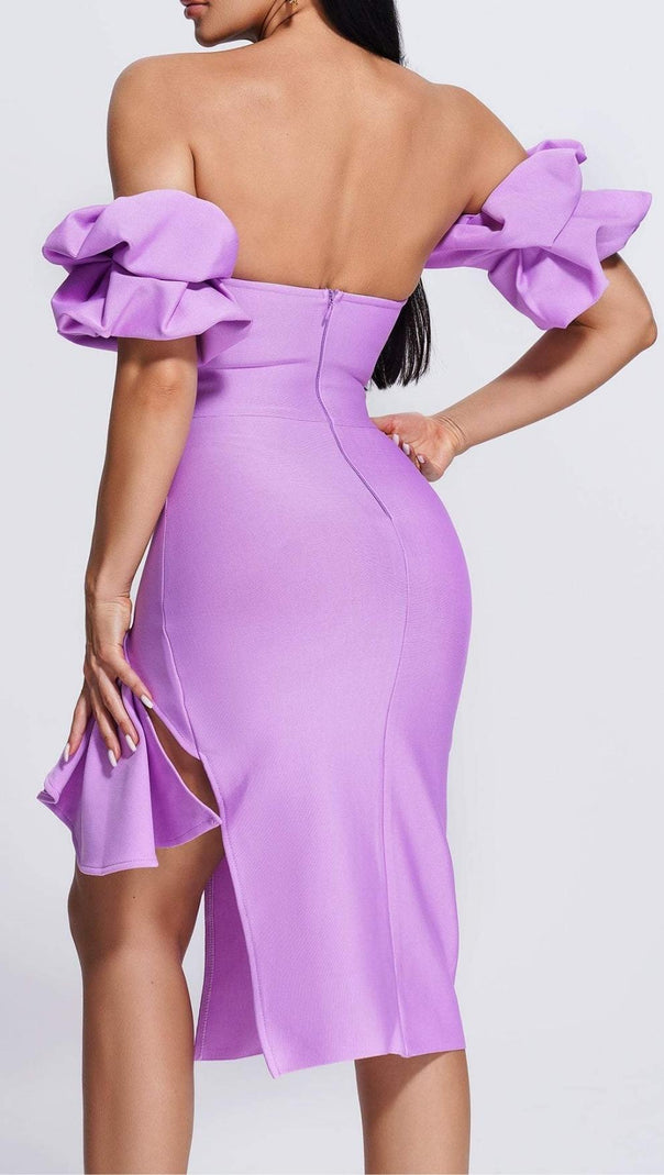 AIIZIE STRAPLESS DRAPED SLEEVE SLITS BANDAGE DRESS IN PURPLE - product image