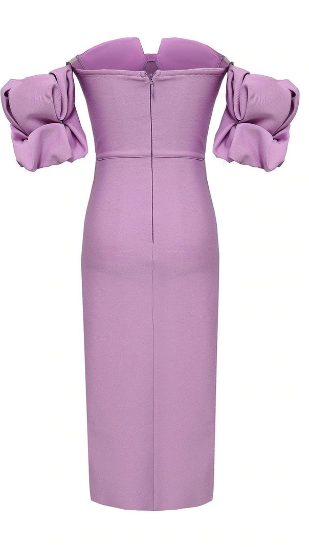 AIIZIE STRAPLESS DRAPED SLEEVE SLITS BANDAGE DRESS IN PURPLE - product image