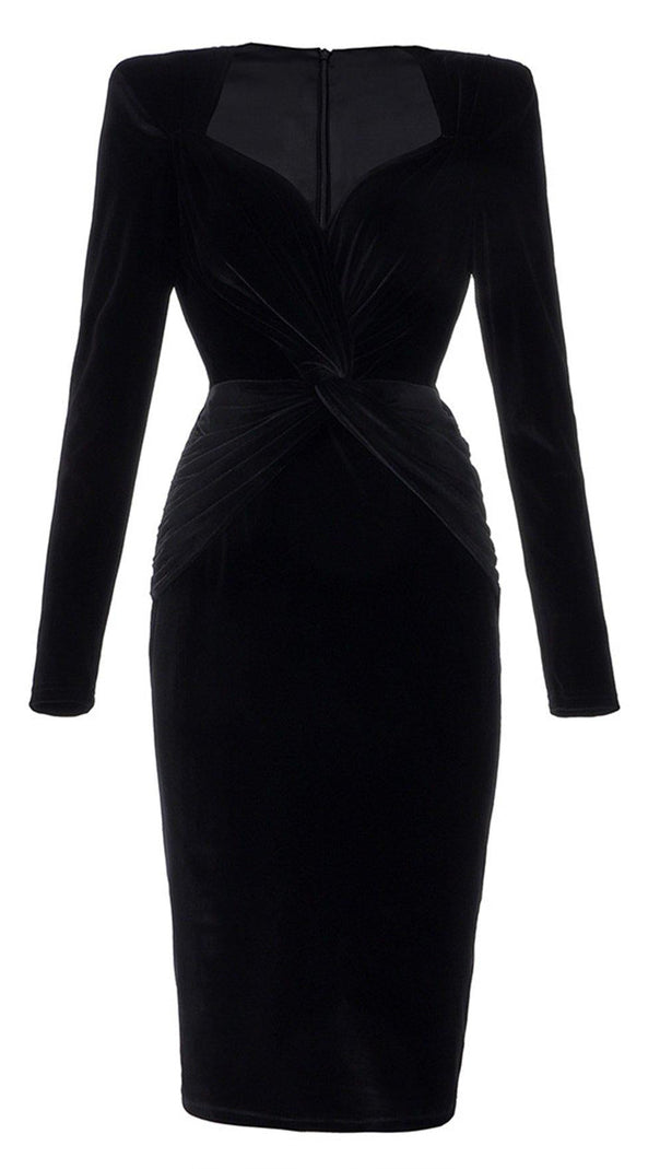 SCHWARZES SAMT-SATIN-KLEID MIT V-AUSSCHNITT 