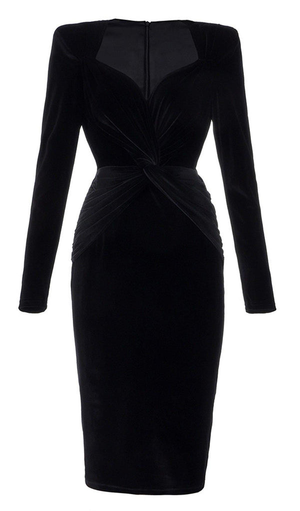 BLACK VELVET SATIN V-NECK DRESS