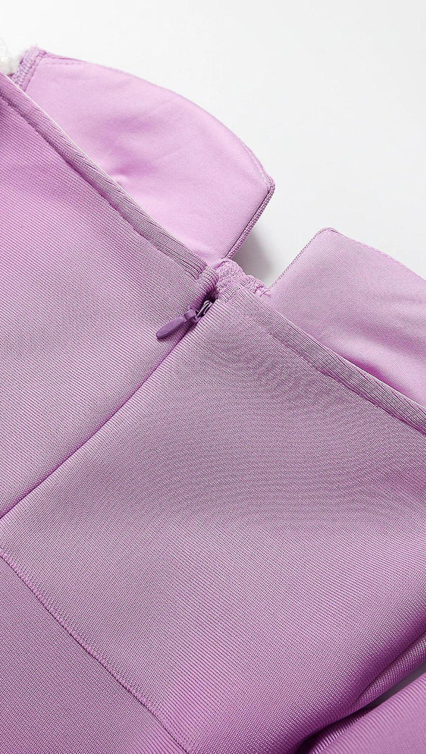 AIIZIE STRAPLESS DRAPED SLEEVE SLITS BANDAGE DRESS IN PURPLE - product image