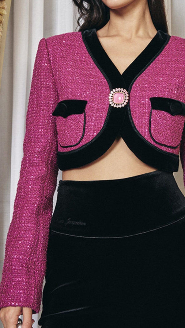 AIIZIE V NECK LONG SLEEVE PATCHWORK BUTTON VINTAGE SHORT COATS - product image