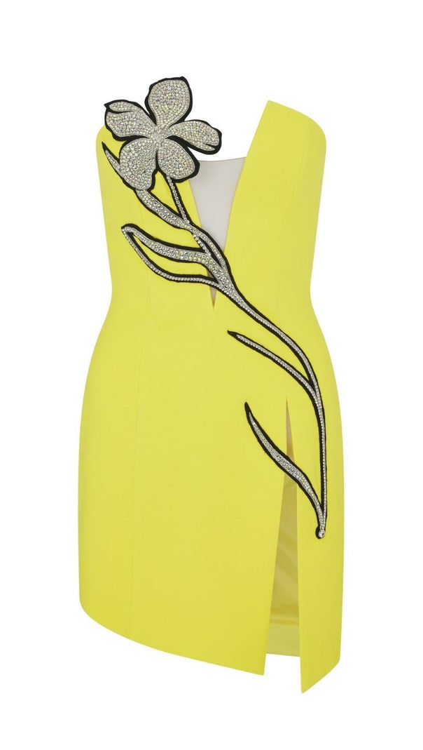 AIIZIE CRYSTAL FLOWER MINI DRESS IN YELLOW - product image