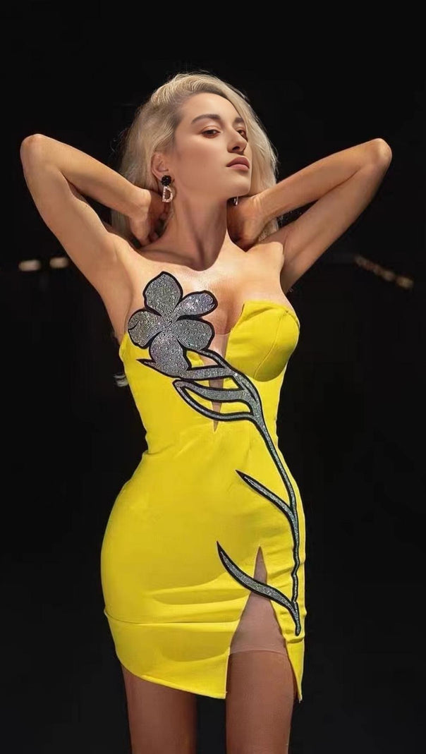 AIIZIE CRYSTAL FLOWER MINI DRESS IN YELLOW - product image