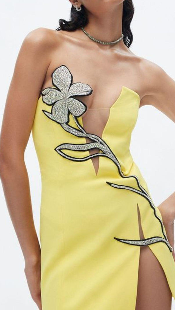 AIIZIE CRYSTAL FLOWER MINI DRESS IN YELLOW - product image