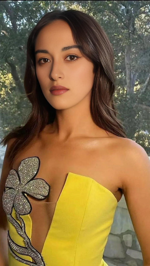 AIIZIE CRYSTAL FLOWER MINI DRESS IN YELLOW - product image