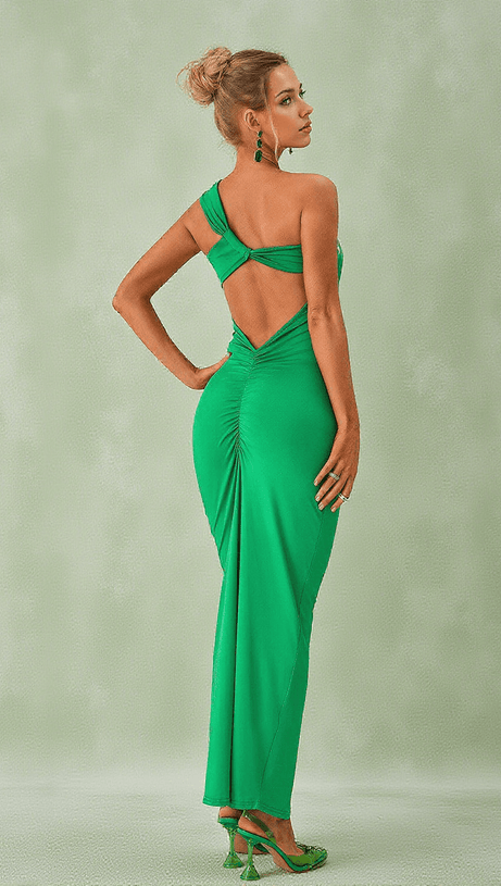 EMI ONE SHOULDER BACKLESS MAXI DRESS IN GREEN