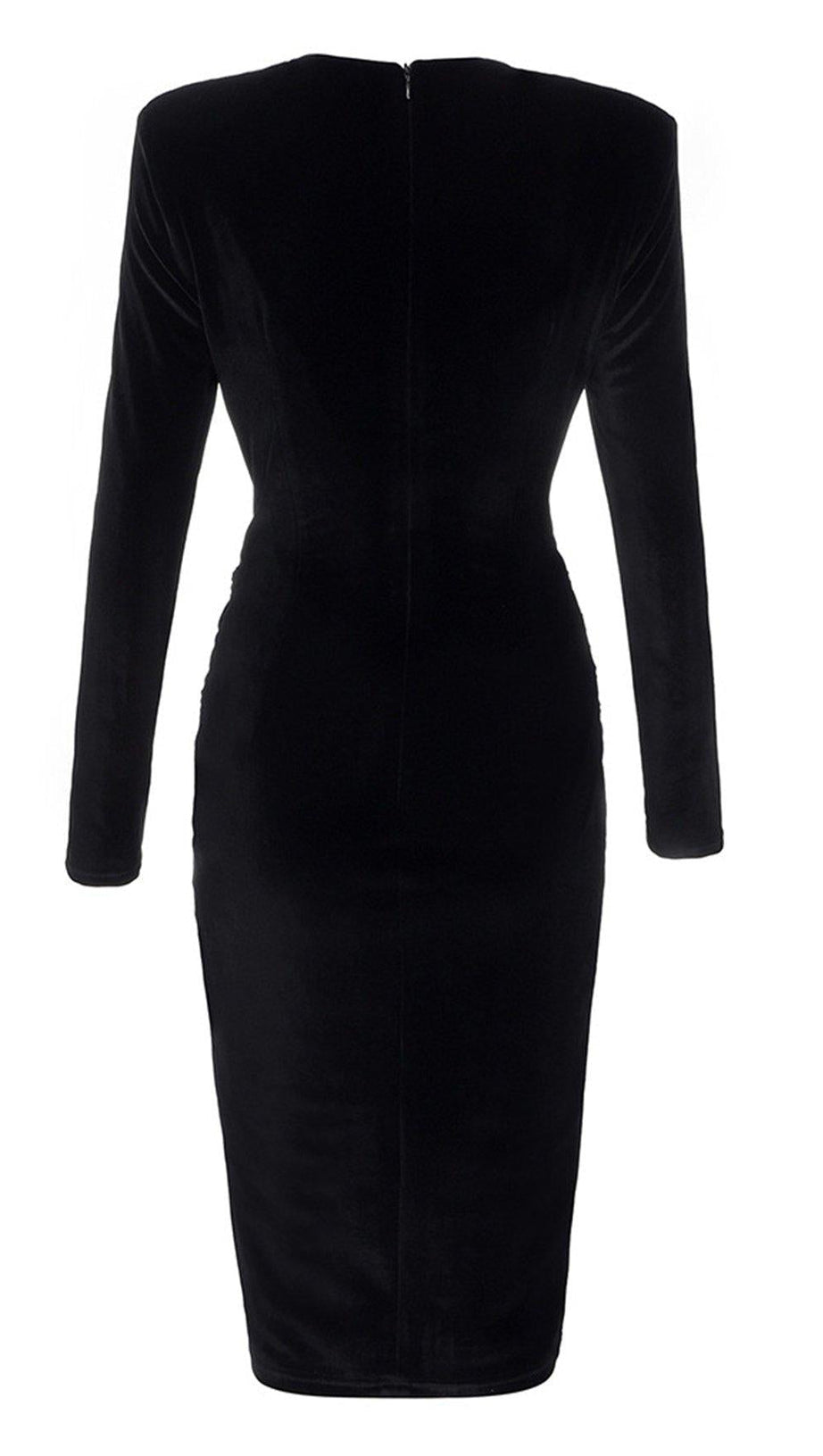 SCHWARZES SAMT-SATIN-KLEID MIT V-AUSSCHNITT 