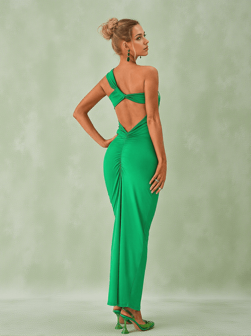 Emi One Shoulder Backless Maxi Dress In Green