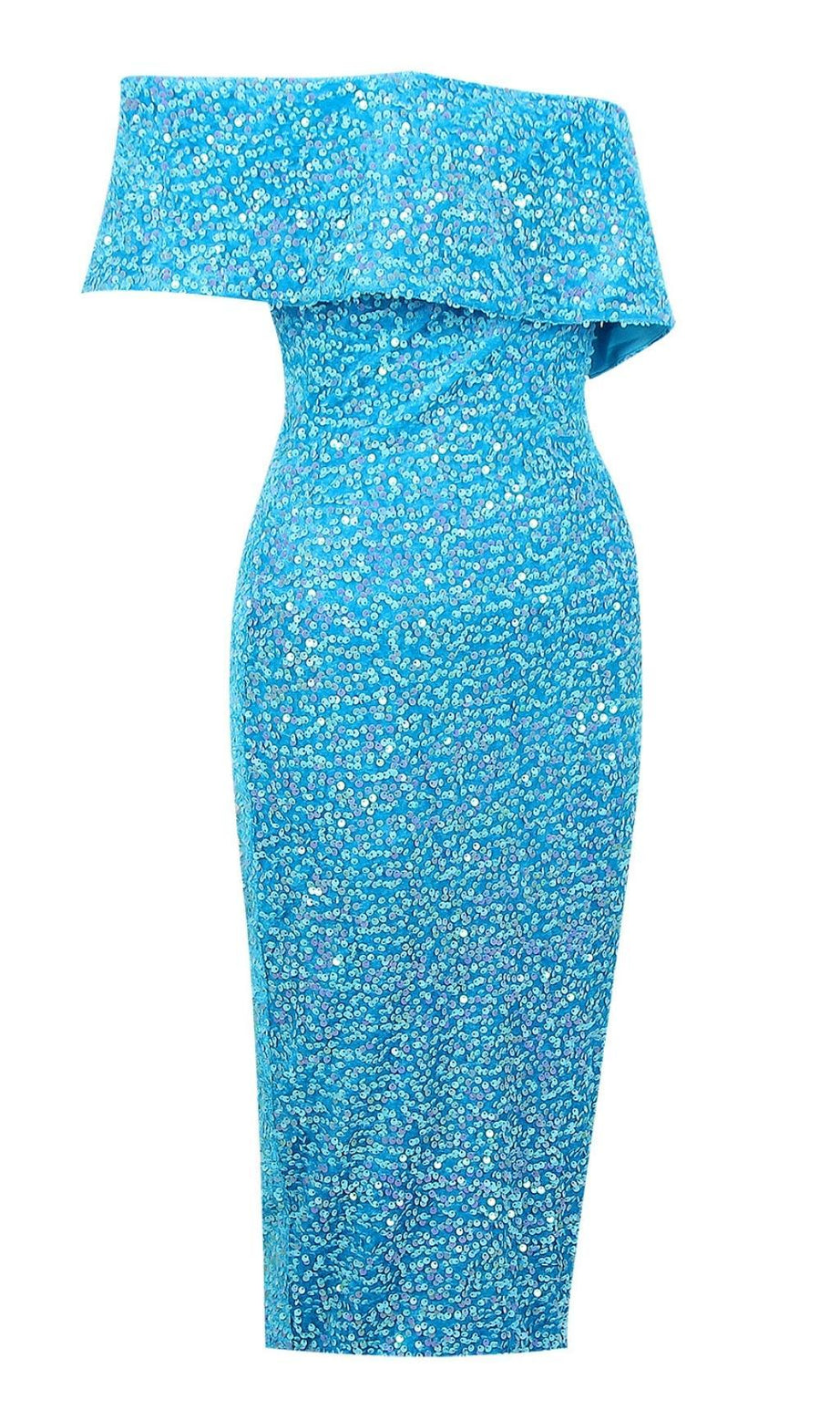 TRÄGERLOSES MIDIKLEID MIT PAILLETTEN IN BLAU