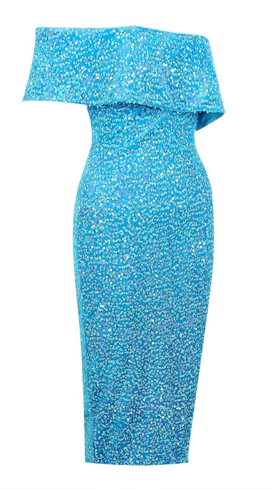 TRÄGERLOSES MIDIKLEID MIT PAILLETTEN IN BLAU