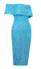 SEQUIN STRAPLESS MIDI DRESS IN BLUE