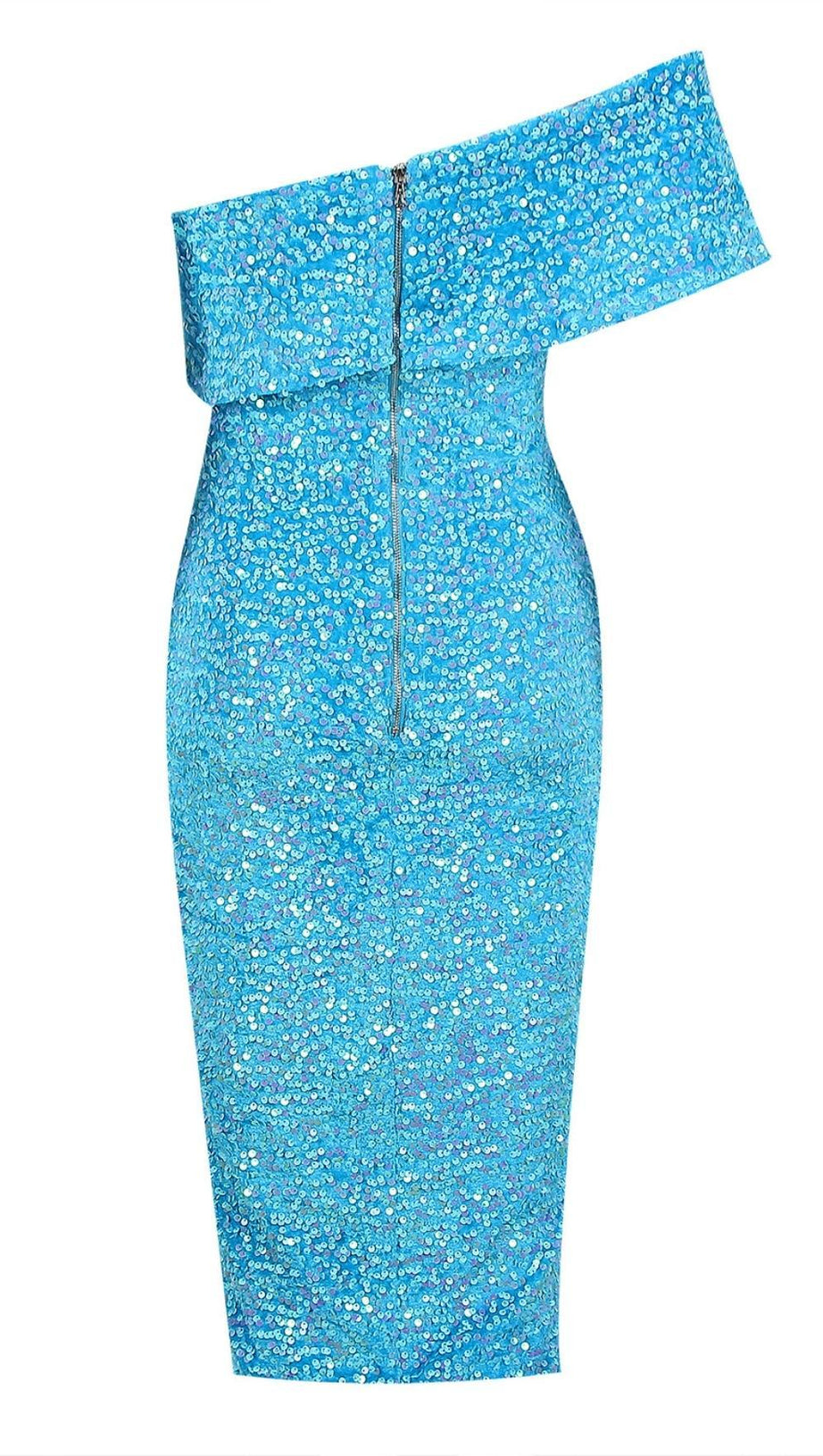 SEQUIN STRAPLESS MIDI DRESS IN BLUE