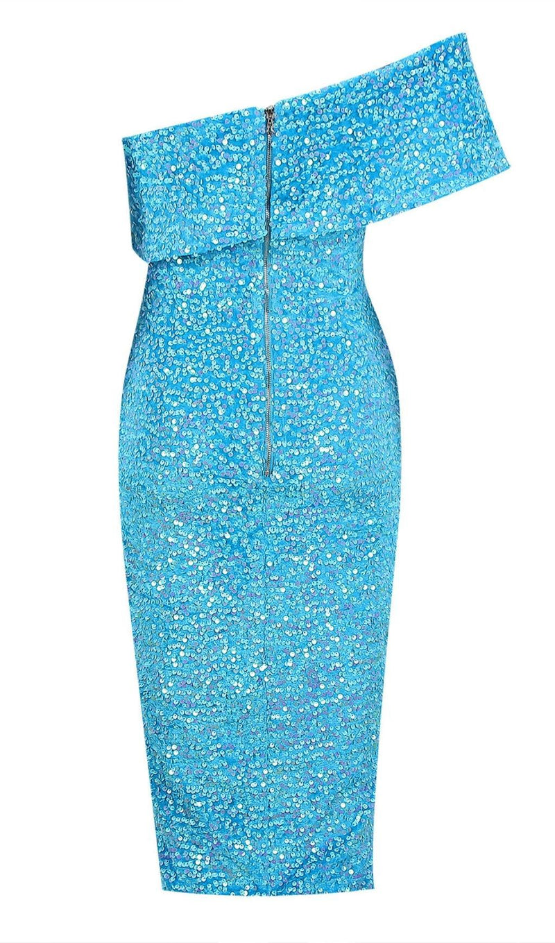 SEQUIN STRAPLESS MIDI DRESS IN BLUE