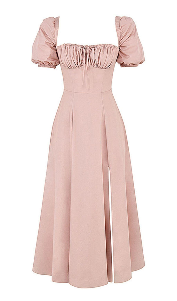 PUFF SLEEVE MIDI DRESS IN BLUSH PINK