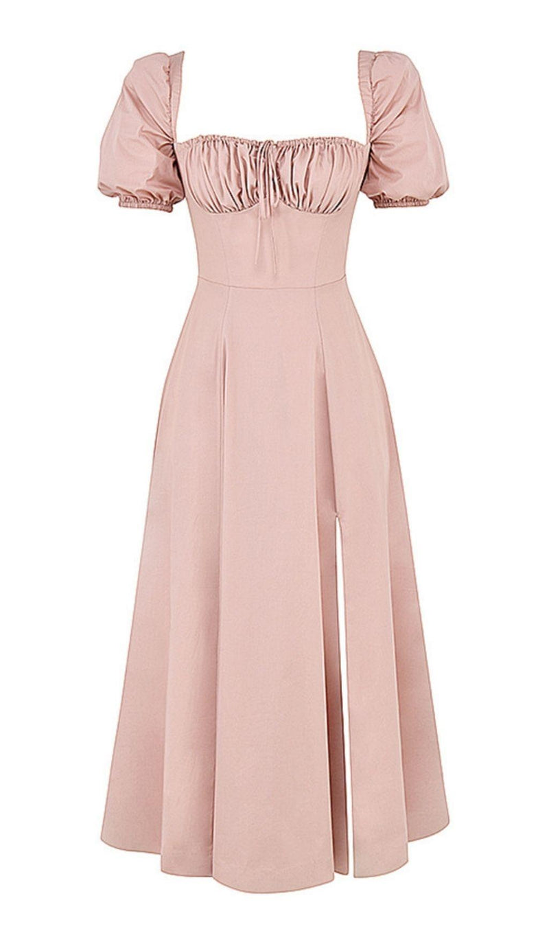 PUFF SLEEVE MIDI DRESS IN BLUSH PINK