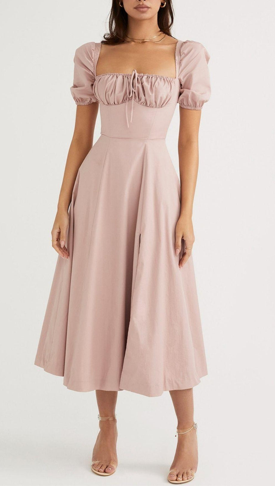 PUFF SLEEVE MIDI DRESS IN BLUSH PINK