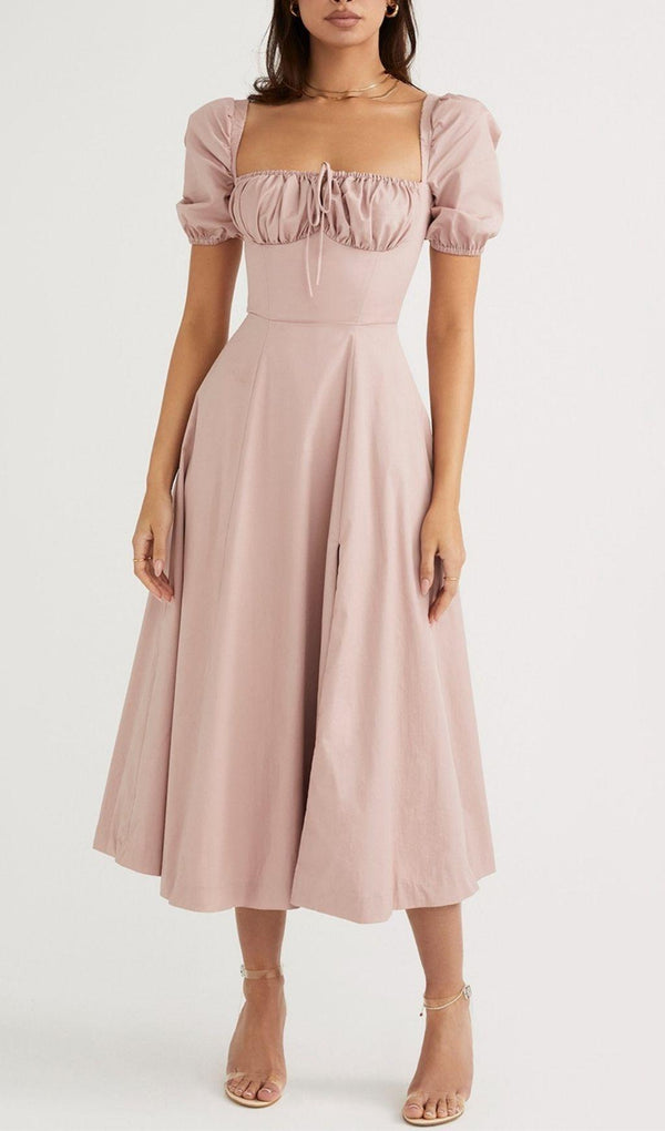 PUFF SLEEVE MIDI DRESS IN BLUSH PINK