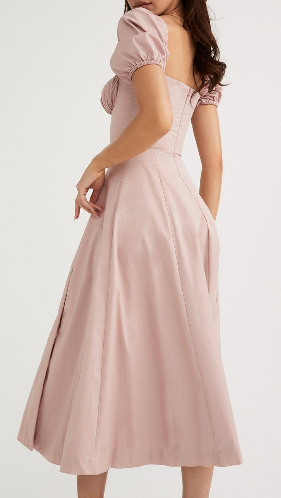 PUFF SLEEVE MIDI DRESS IN BLUSH PINK