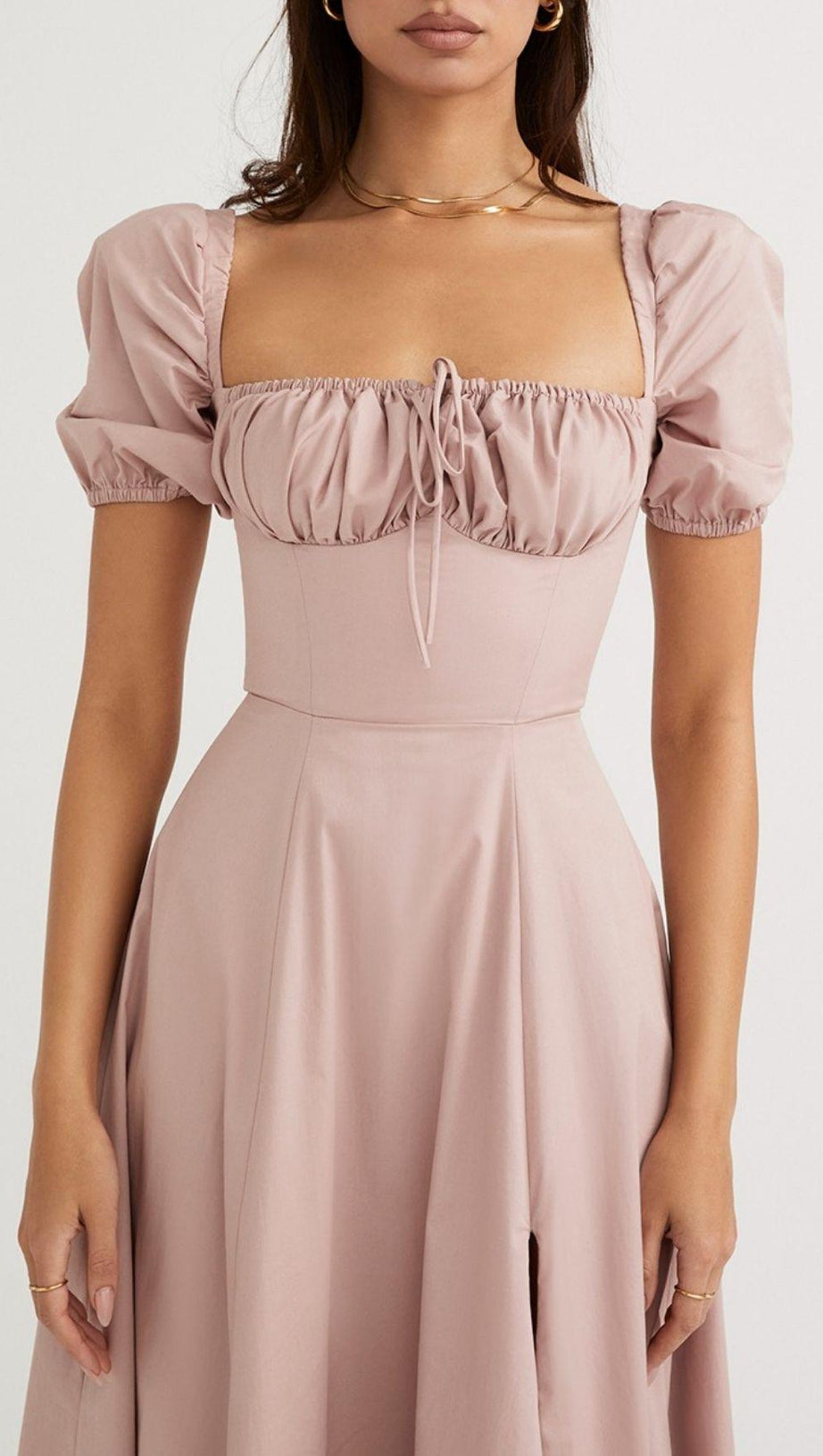 PUFF SLEEVE MIDI DRESS IN BLUSH PINK