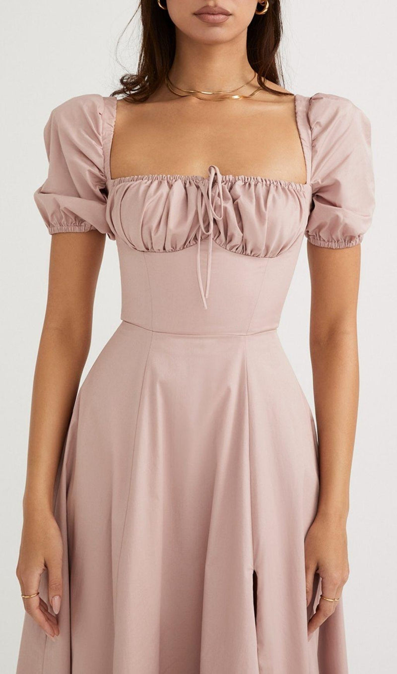 PUFF SLEEVE MIDI DRESS IN BLUSH PINK