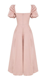 PUFF SLEEVE MIDI DRESS IN BLUSH PINK