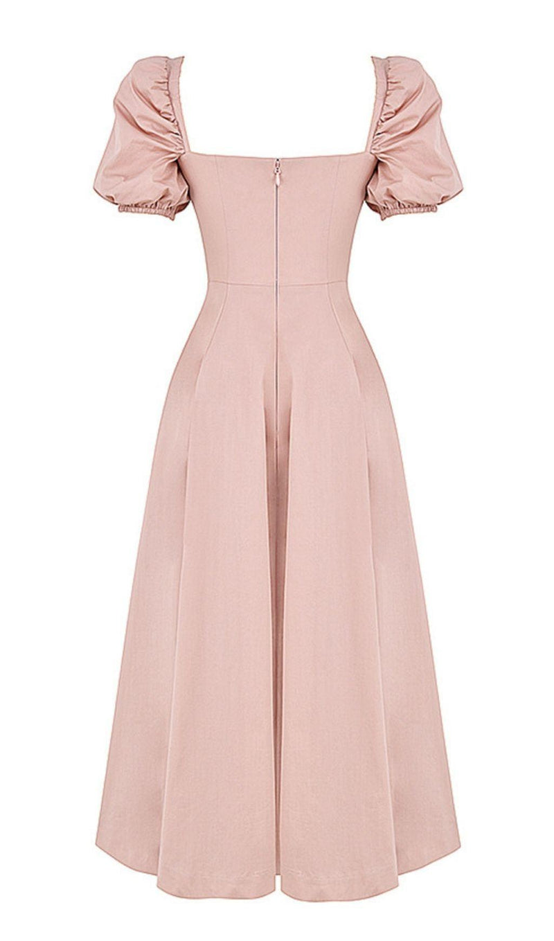 PUFF SLEEVE MIDI DRESS IN BLUSH PINK