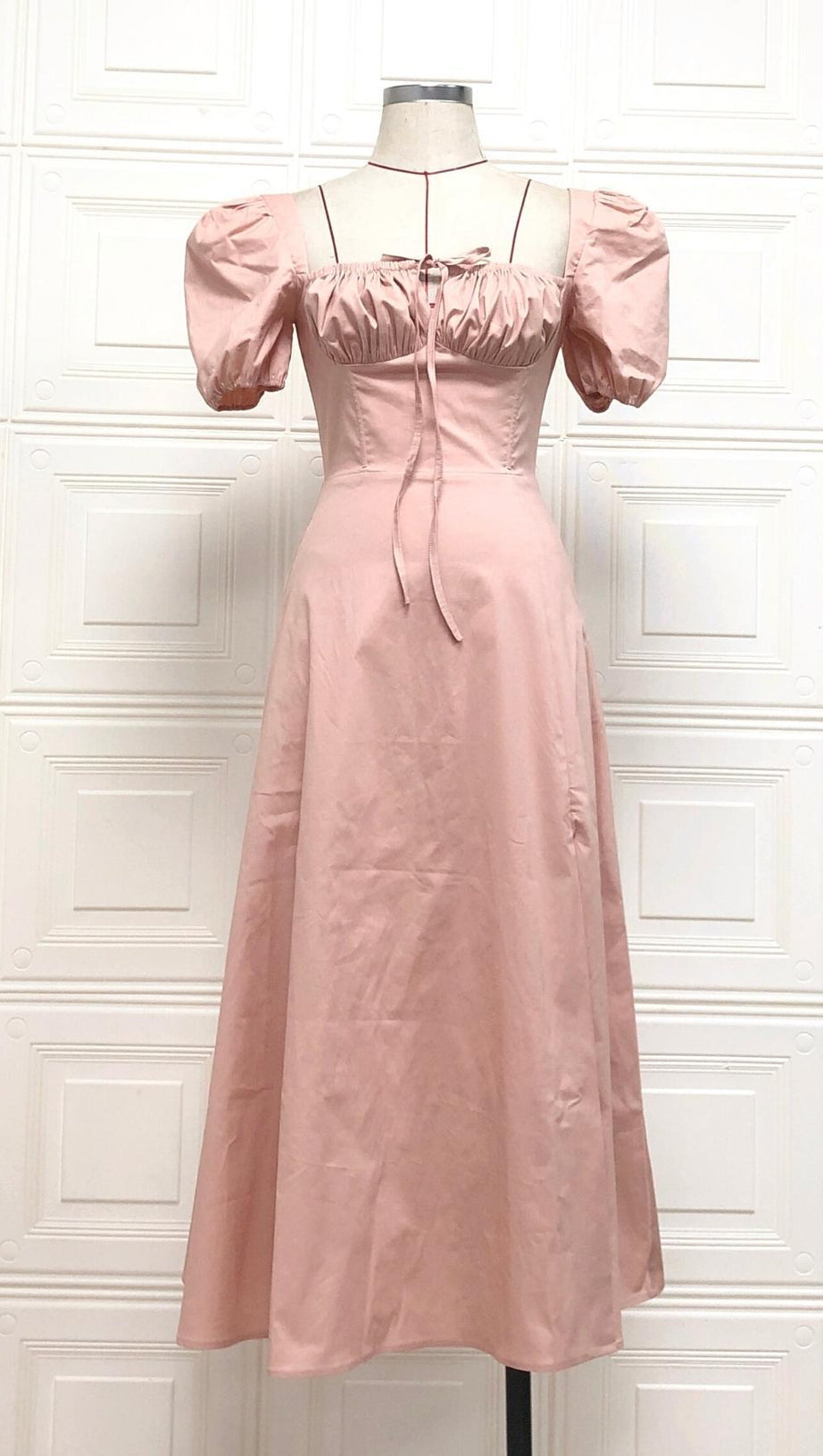 PUFF SLEEVE MIDI DRESS IN BLUSH PINK